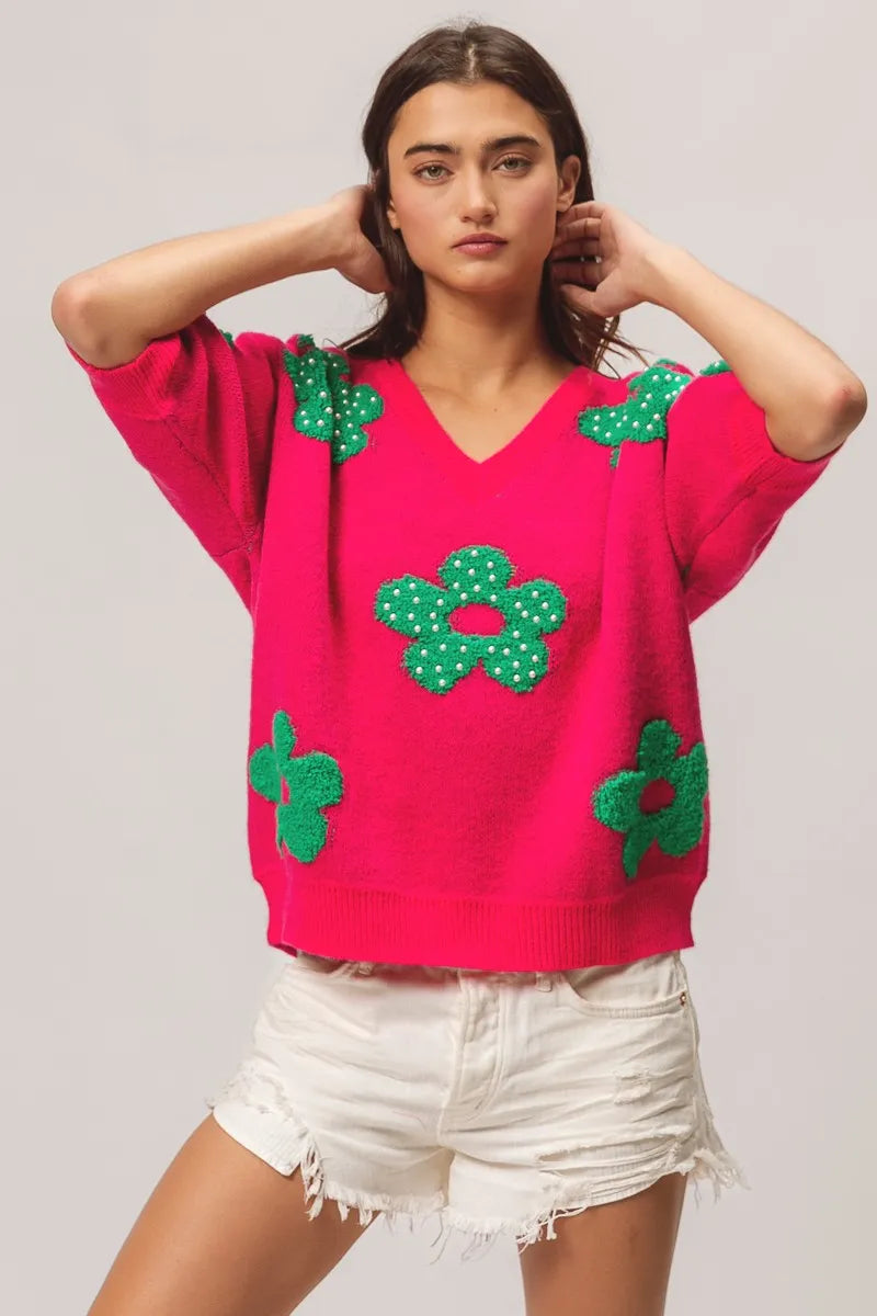BiBi Pearl Beads Flowers Sweater Top in - photo