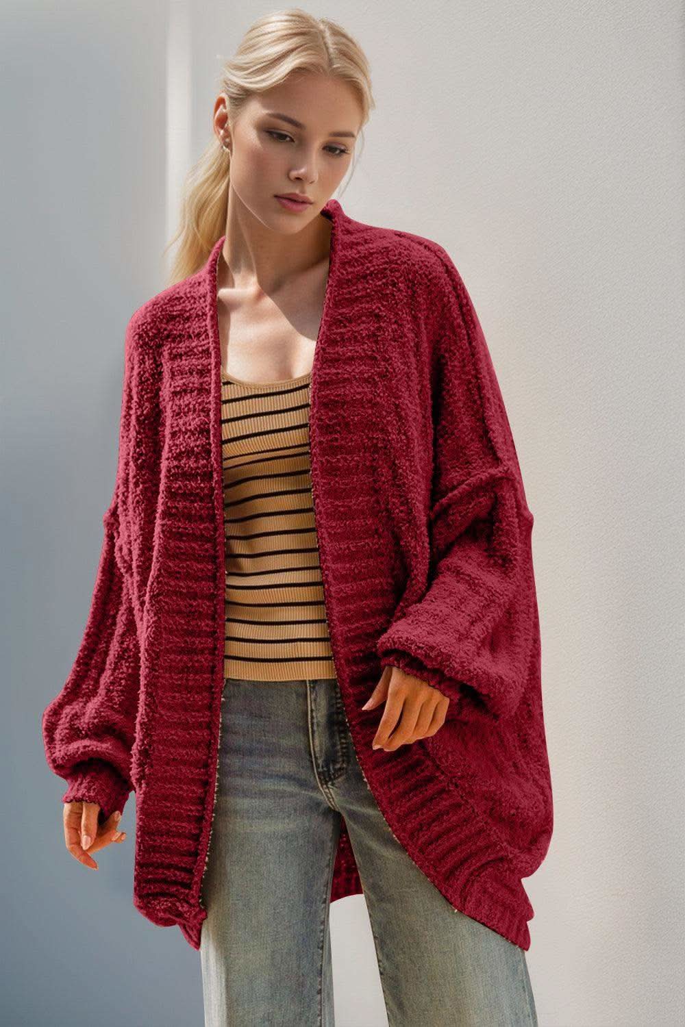 Double Take Full Size Open Front Long Sleeve Cardigan in Deep Red - photo