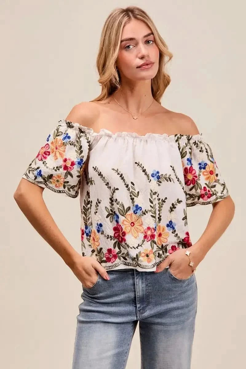 SO ME Floral Embroidered Two Way Off The Shoulder Blouse - SwagglyLife Home & Fashion