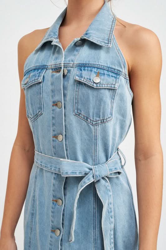 BUTTON DOWN DENIM MINI DRESS WITH BELT in - photo