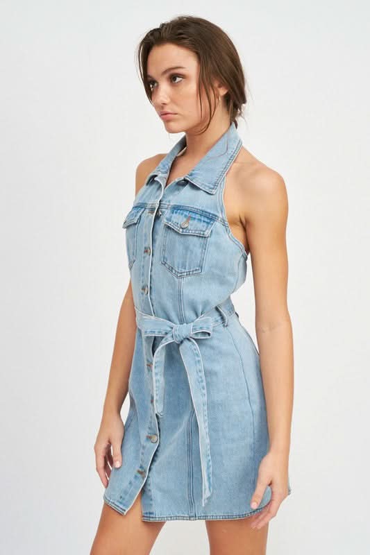BUTTON DOWN DENIM MINI DRESS WITH BELT in - photo