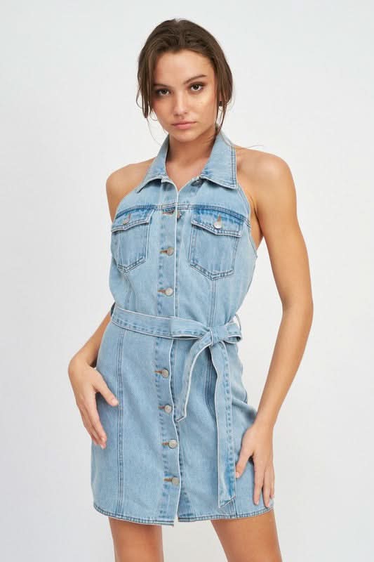 BUTTON DOWN DENIM MINI DRESS WITH BELT in DENIM - photo