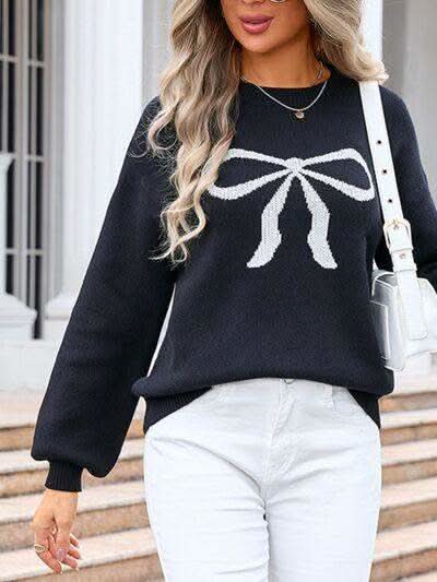 Angel Wings Bow Graphic Round Neck Long Sleeve Sweater in - photo