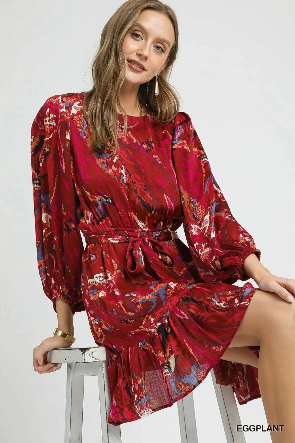 Umgee Ruffled Hem Printed Balloon Sleeve Dress in - photo