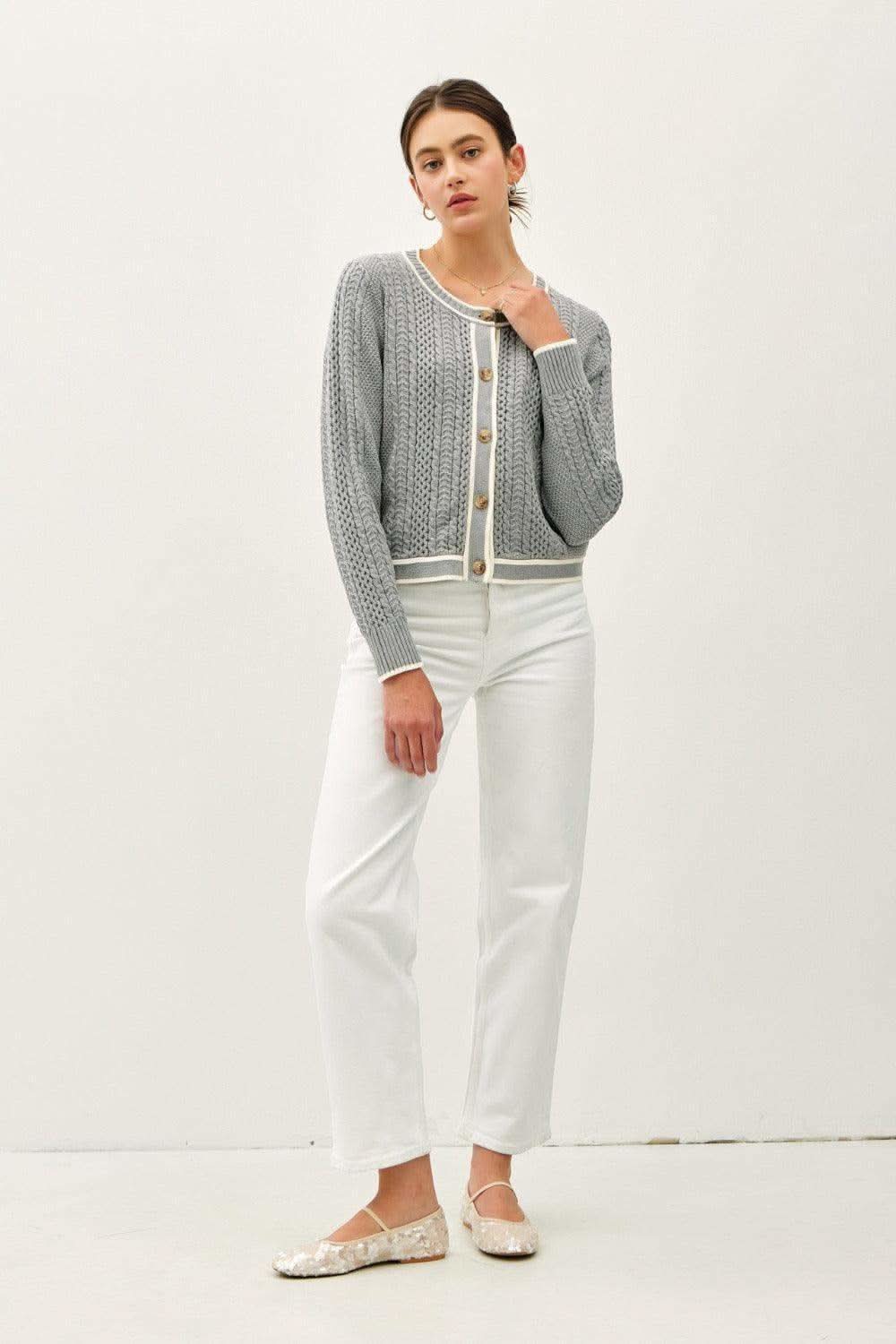 Be Cool Cable Knit Long Sleeve Contrast Edge Cardigan in - cardigans photo