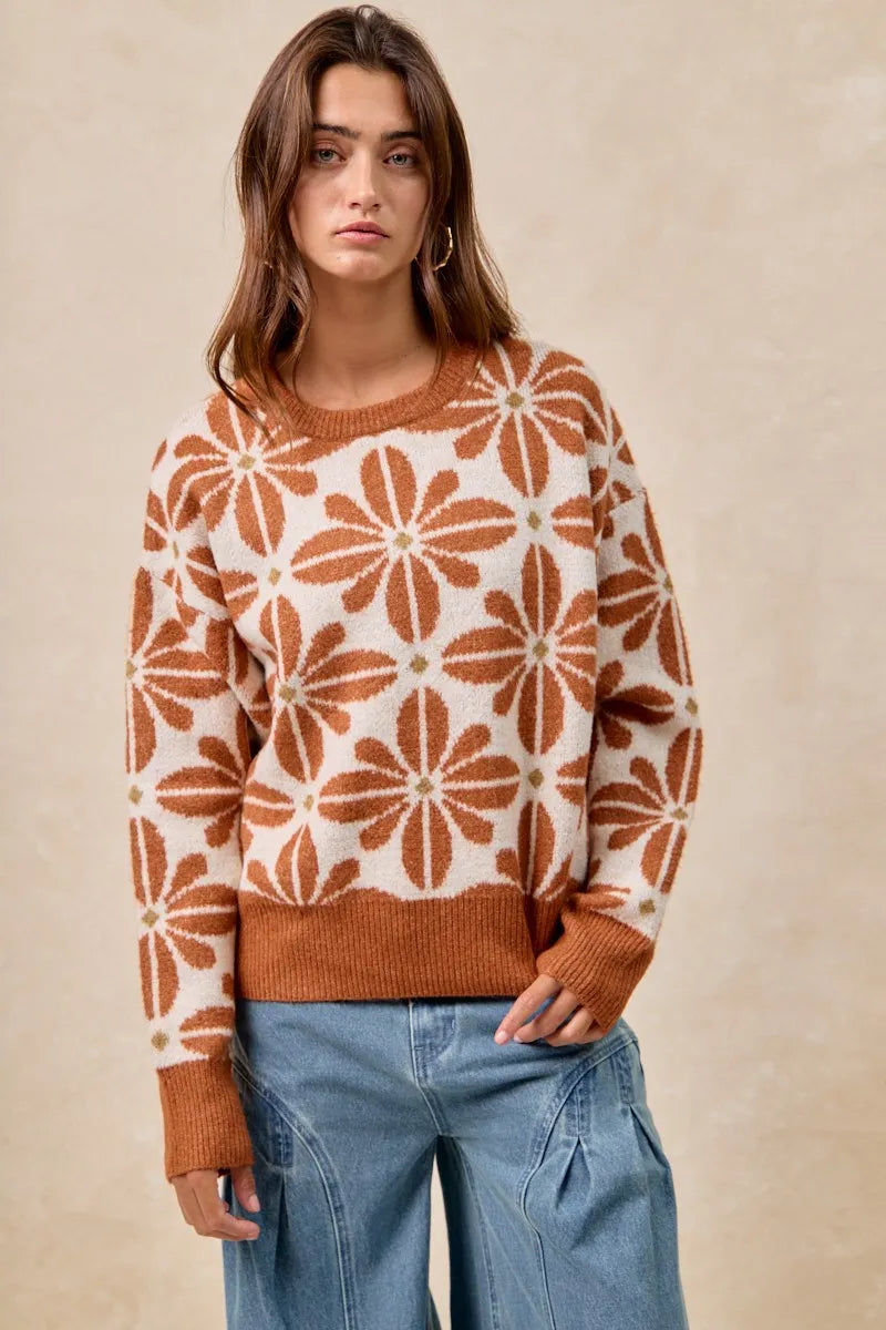 BiBi Flower Pattern Long Sleeve Sweater - SwagglyLife Home & Fashion
