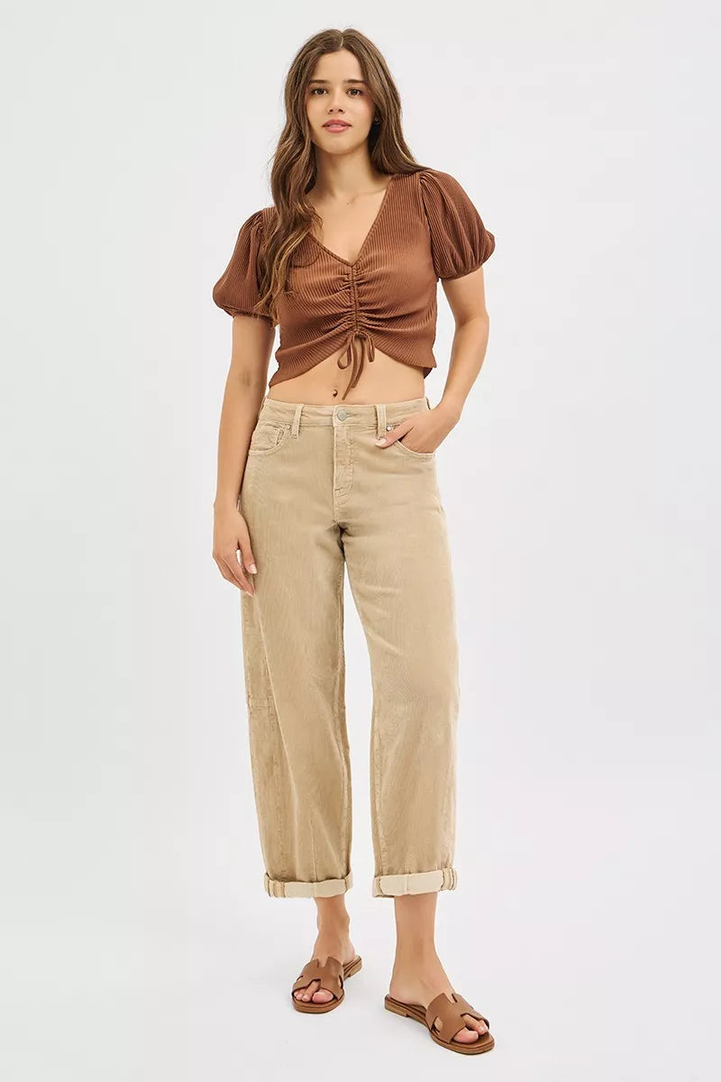 RISEN High Rise Crop Barrel Cordurory Pants in - photo