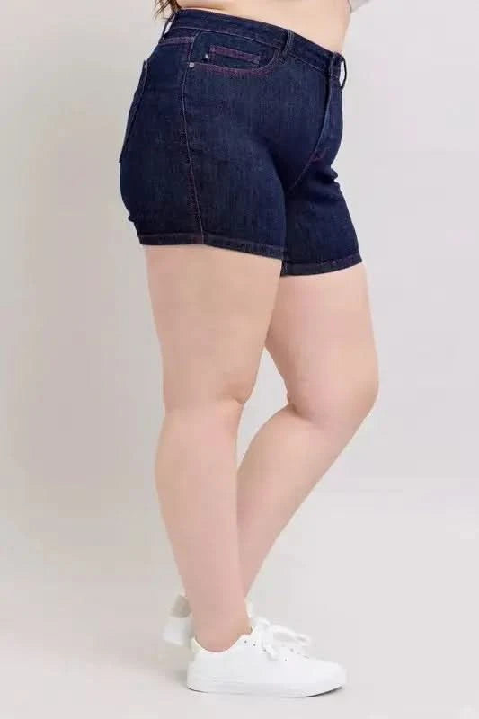 Judy Blue Plus Size HW Heart Shaped Pkts & Red Contrast Thread Denim Shorts - SwagglyLife Home & Fashion