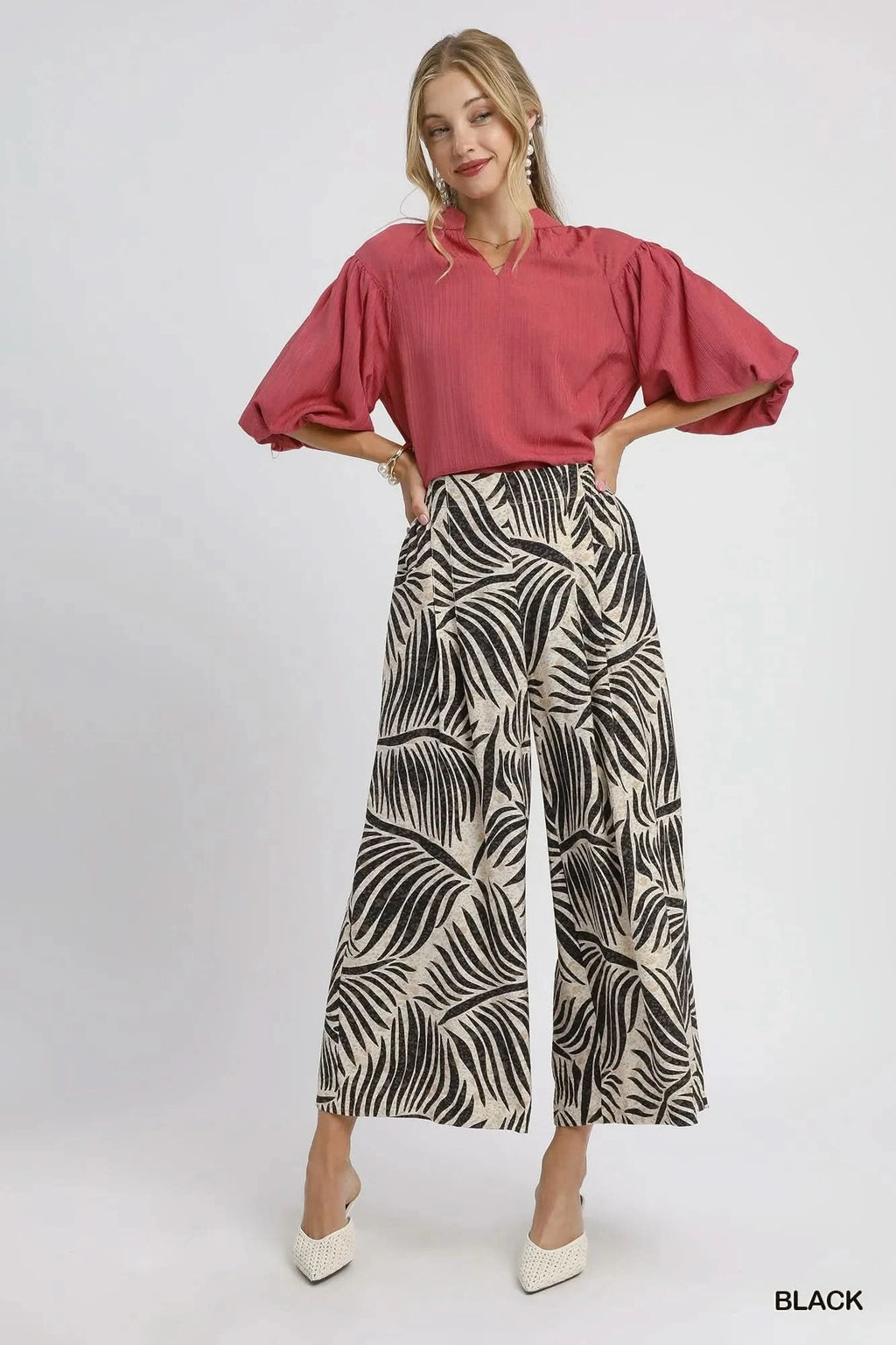 Umgee Palm Leaf Print Wide Leg Culotte Pants in - photo