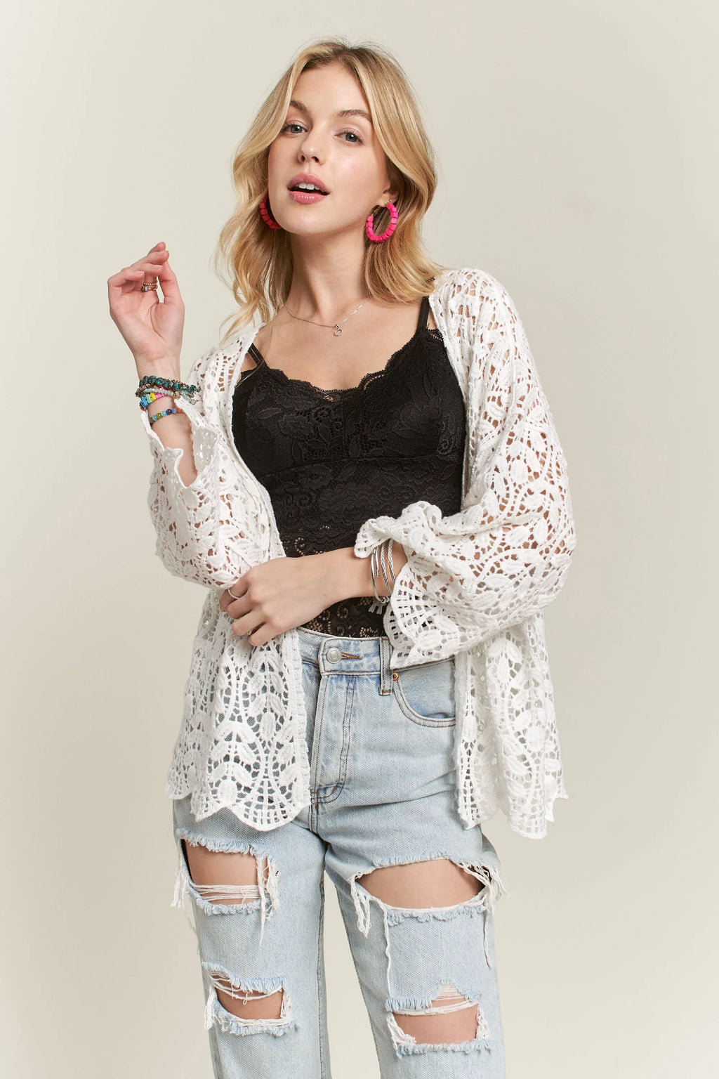 ADORA Leaf Pattern Crochet Cardigan in WHITE - photo