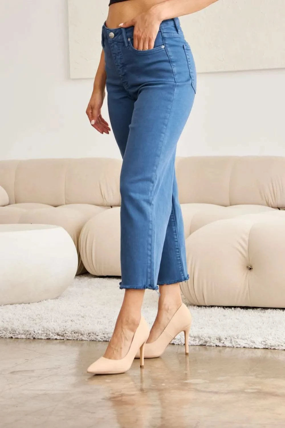 RFM Crop Chloe Full Size Tummy Control High Waist Raw Hem Jeans in - photo