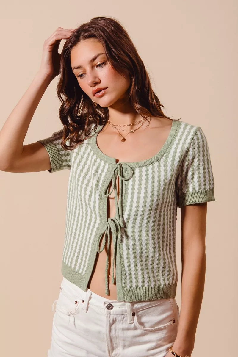 SO ME Tie Front Textured Vertical Stripe Knit Cardigan in - photo