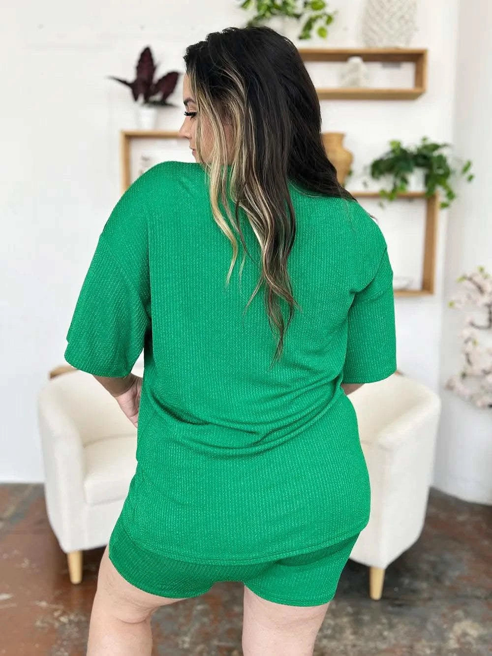 Double Take Full Size Texture Round Neck Drop Shoulder T-Shirt and Shorts Set - SwagglyLife Home & Fashion