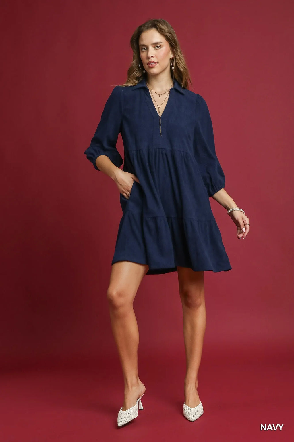 Umgee Tiered Corduroy Mini Dress with Balloon Sleeves in - photo
