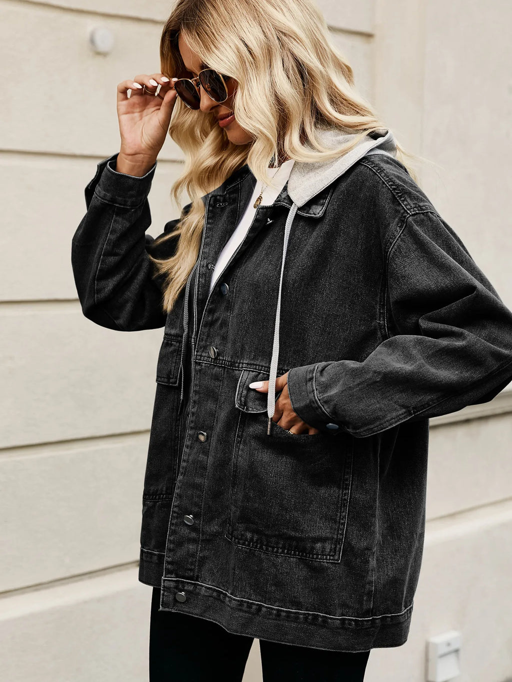 Oversized Button Up Denim Jacket with Hood in - photo