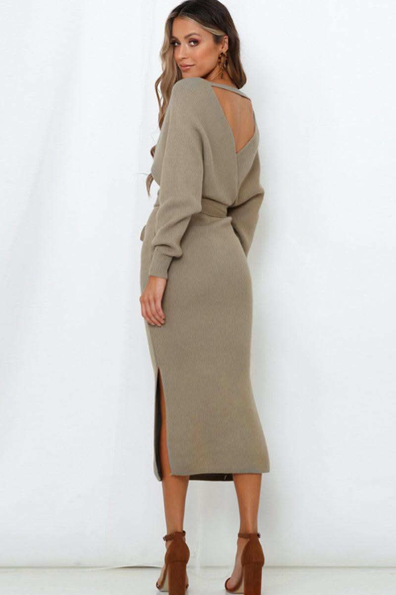Surplice Neck Bow Waist Slit Sweater Dress in - Dresses photo