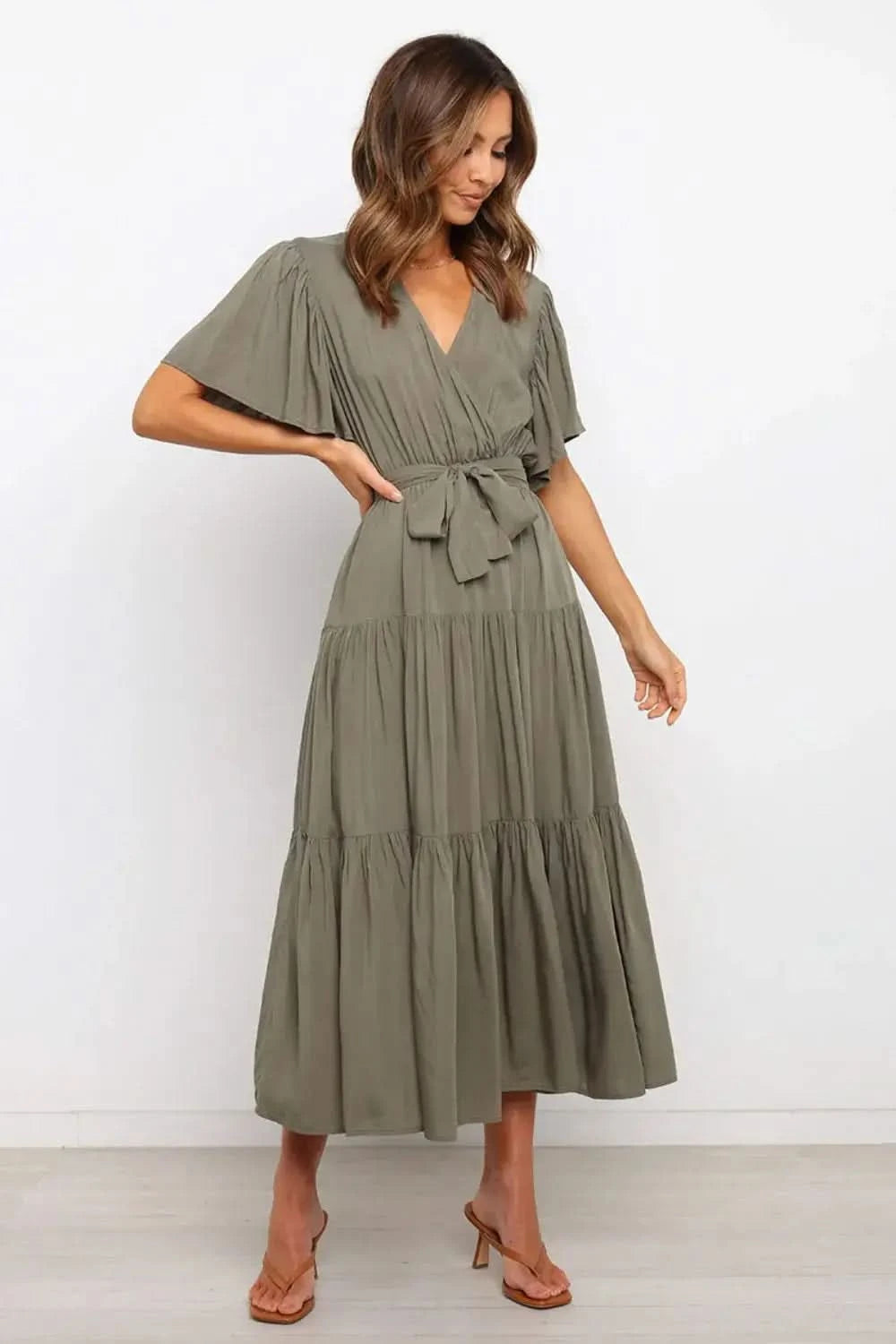 Tied Tiered Short Sleeve Midi Dress in - photo