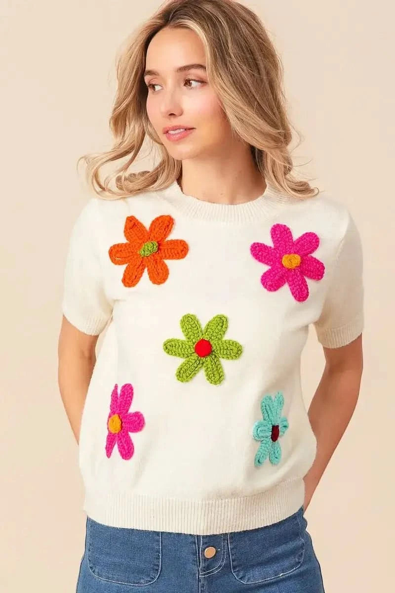 BiBi Crochet Flower Patch Sweater Top in - photo