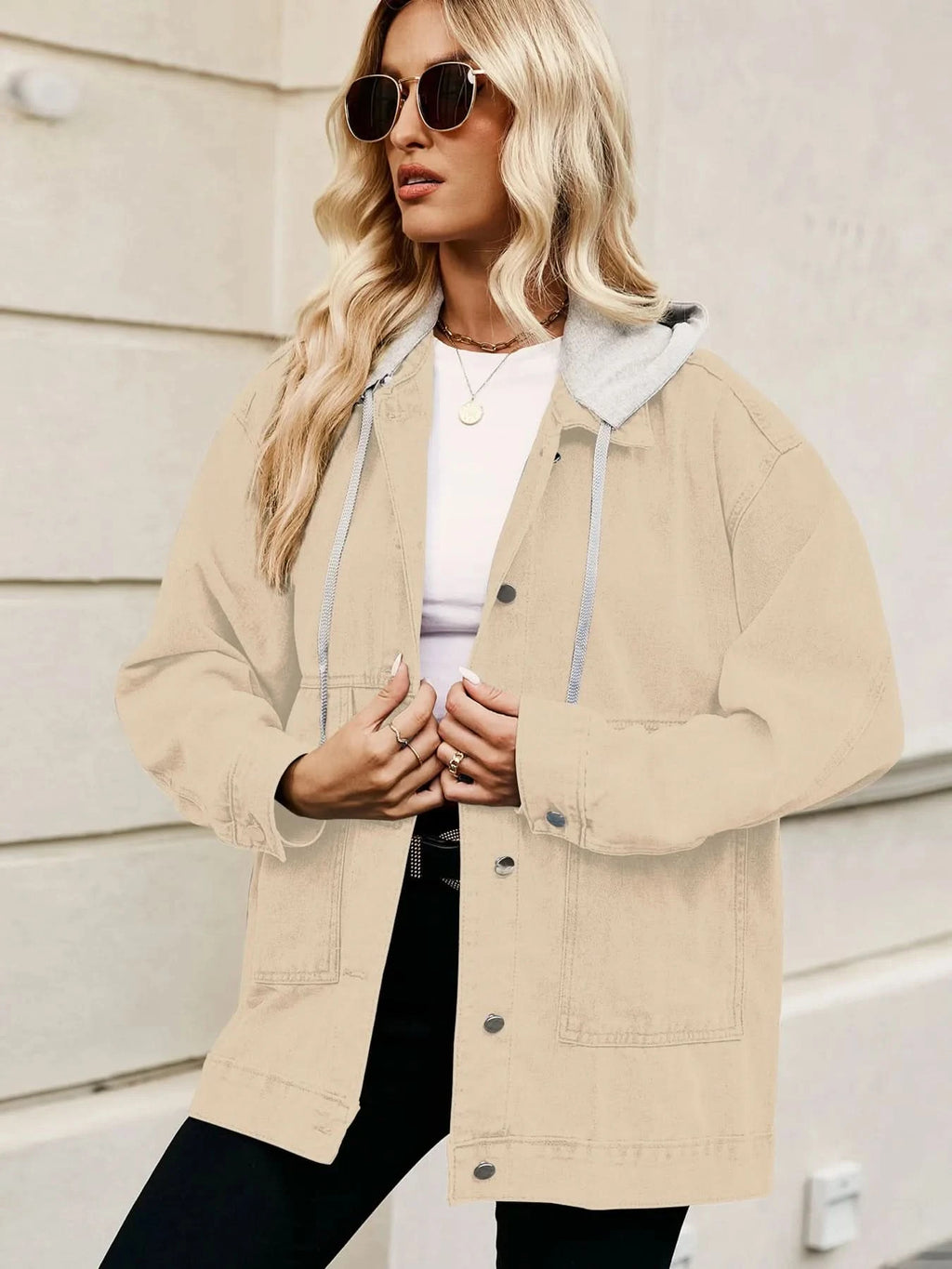 Oversized Button Up Denim Jacket with Hood in Tan - photo