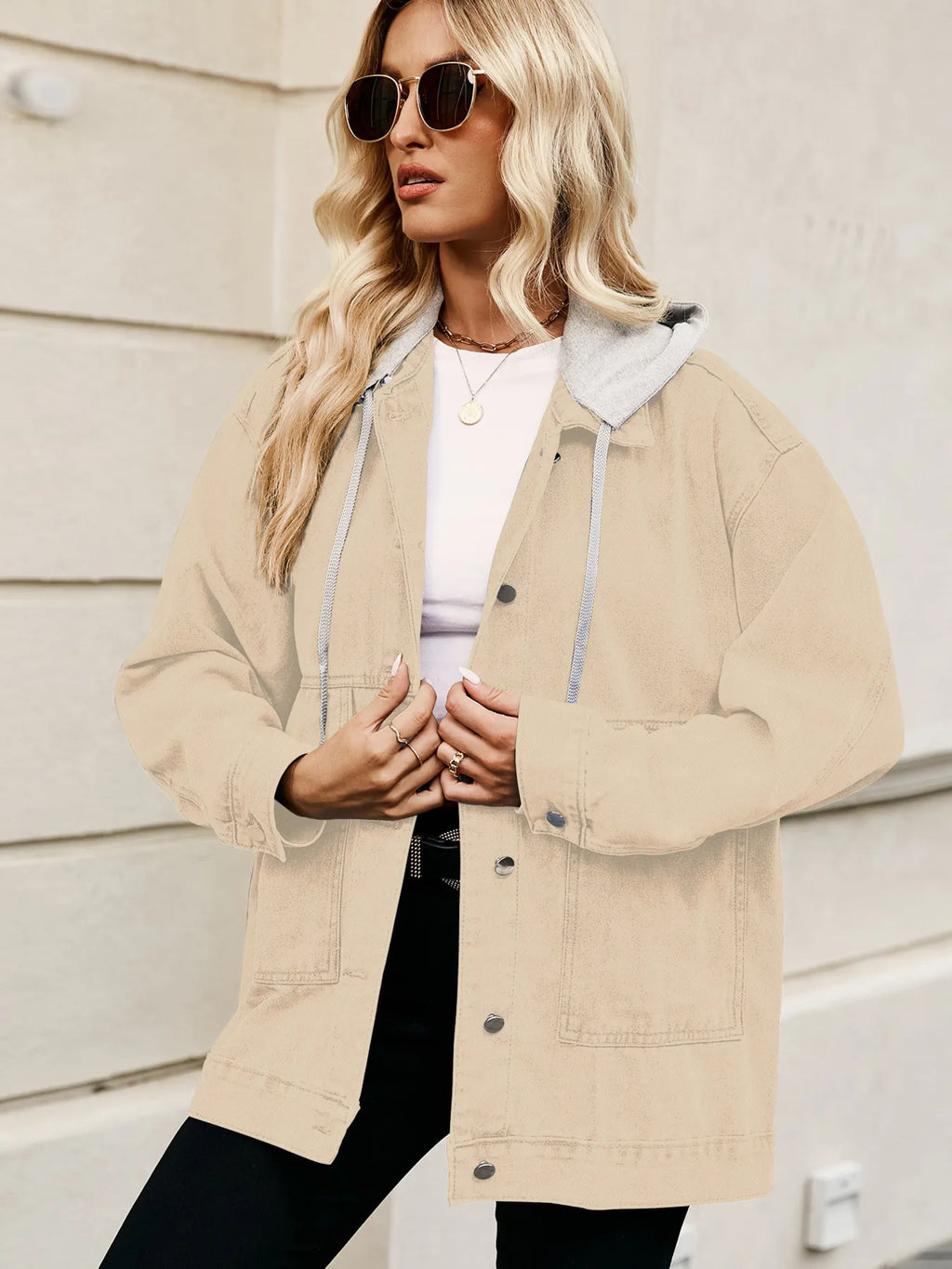 Oversized Button Up Denim Jacket with Hood in Tan - photo