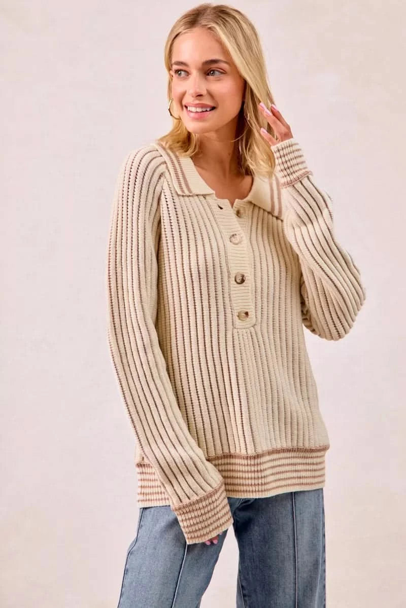 BiBi Half Button Ribbed Two Tone Sweater in - photo