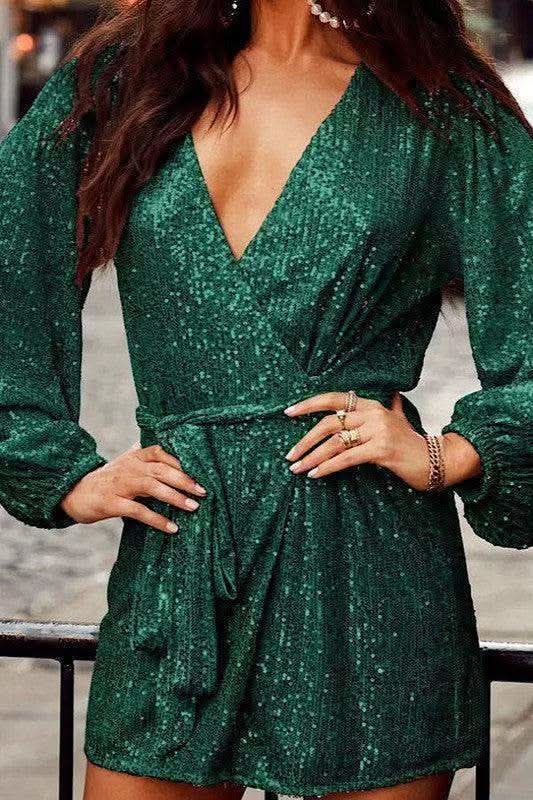 Sequin Wrap Dress in Green - Dresses photo