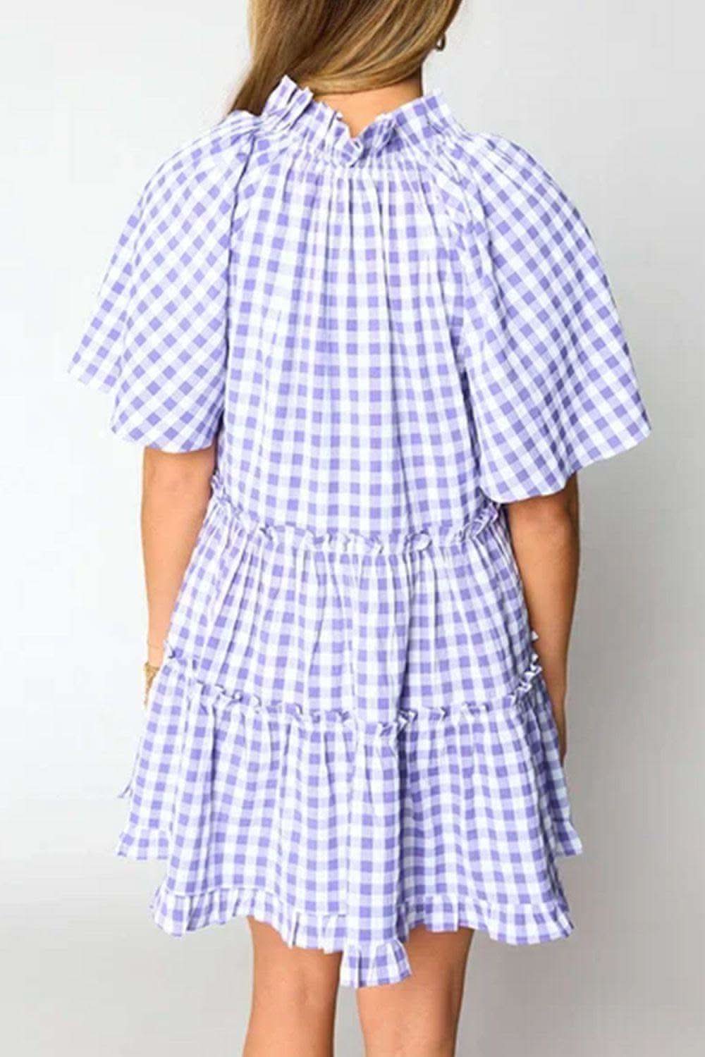 Plaid Tie Neck Short Sleeve Babydoll Mini Dress - SwagglyLife Home & Fashion