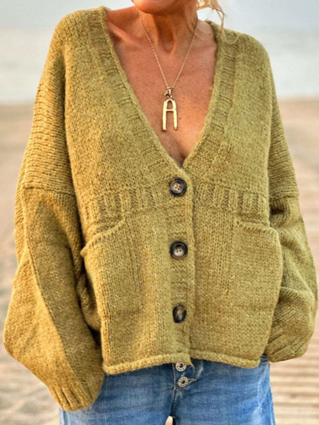 Pocketed V-Neck Button Up Cardigan in Lime - Cardigans photo