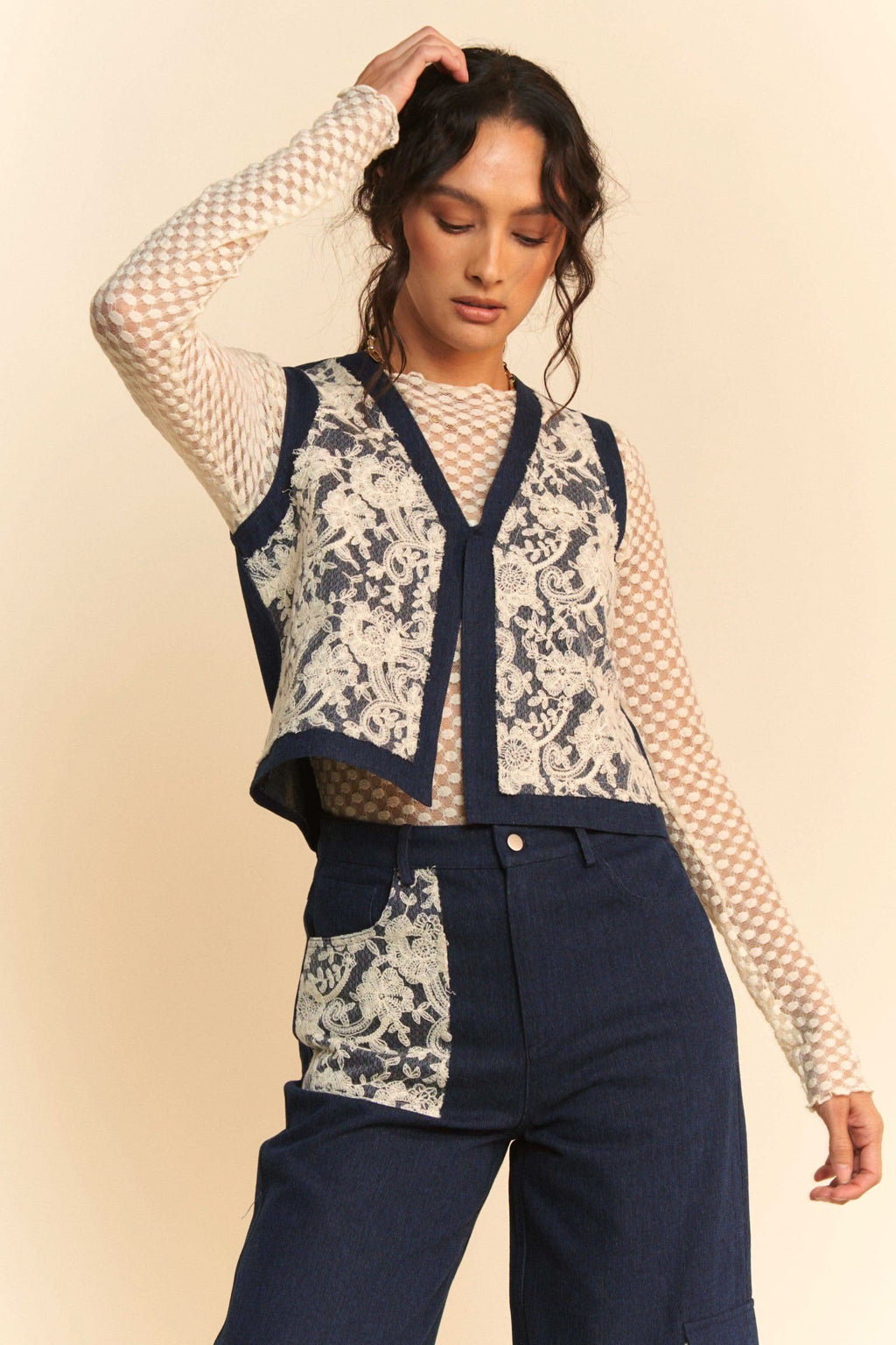 Davi & Dani Lace Patch Open Front Denim Vest in - photo