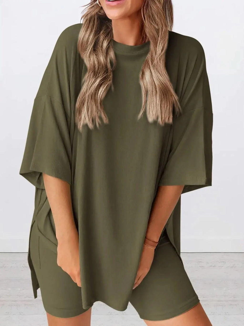 Full Size Oversized Slit Round Neck Top and Shorts Lounge Set Plus Size in Army Green - photo