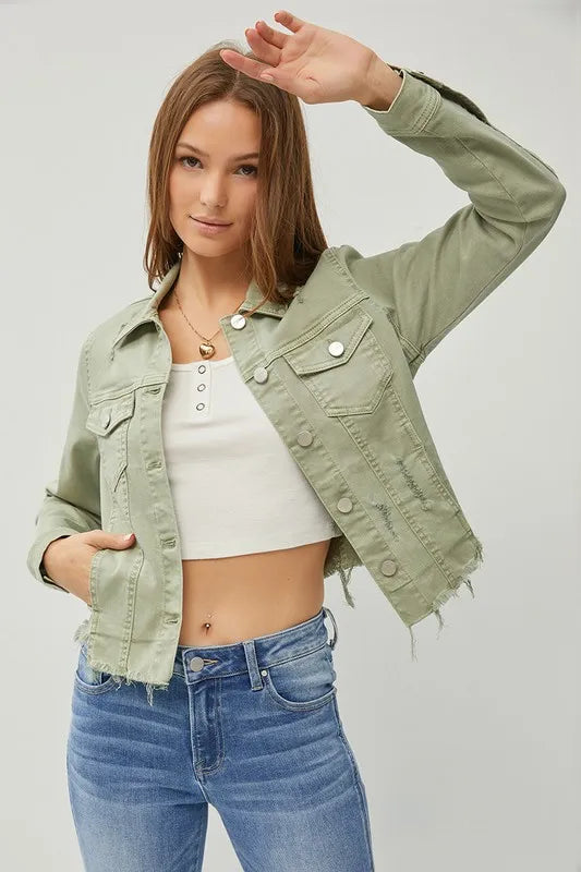 RISEN Full Size Raw Hem Button Up Cropped Denim Jacket Plus Size in - photo