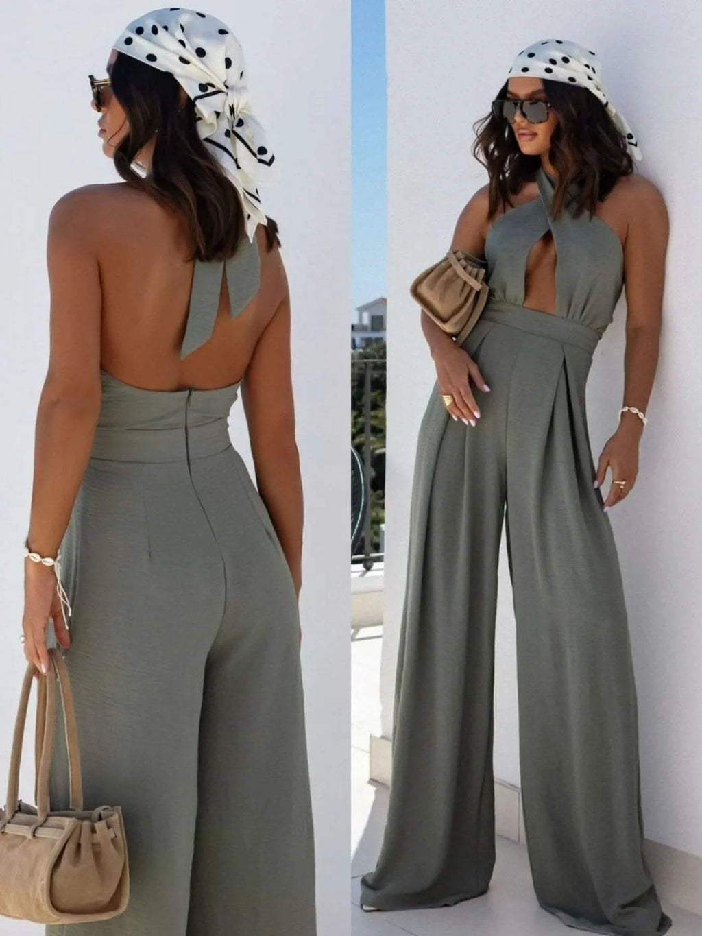 Wide Leg Cutout Halter Neck Jumpsuit - SwagglyLife Home & Fashion