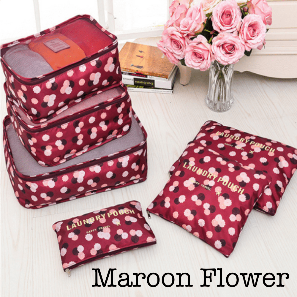 6 Piece Travel Organizer in Maroon Flower - Travel photo