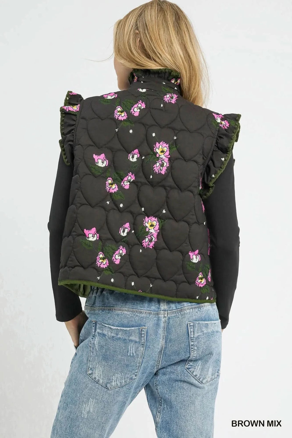 Umgee Ruffled Quilted Floral Snap Down Vest in - photo
