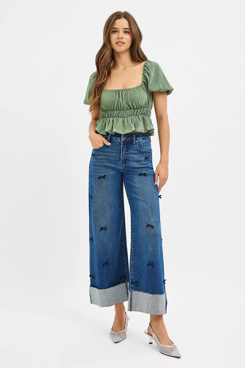 RISEN High Rise Crop Wide Leg Ribbon Detail Jeans - SwagglyLife Home & Fashion