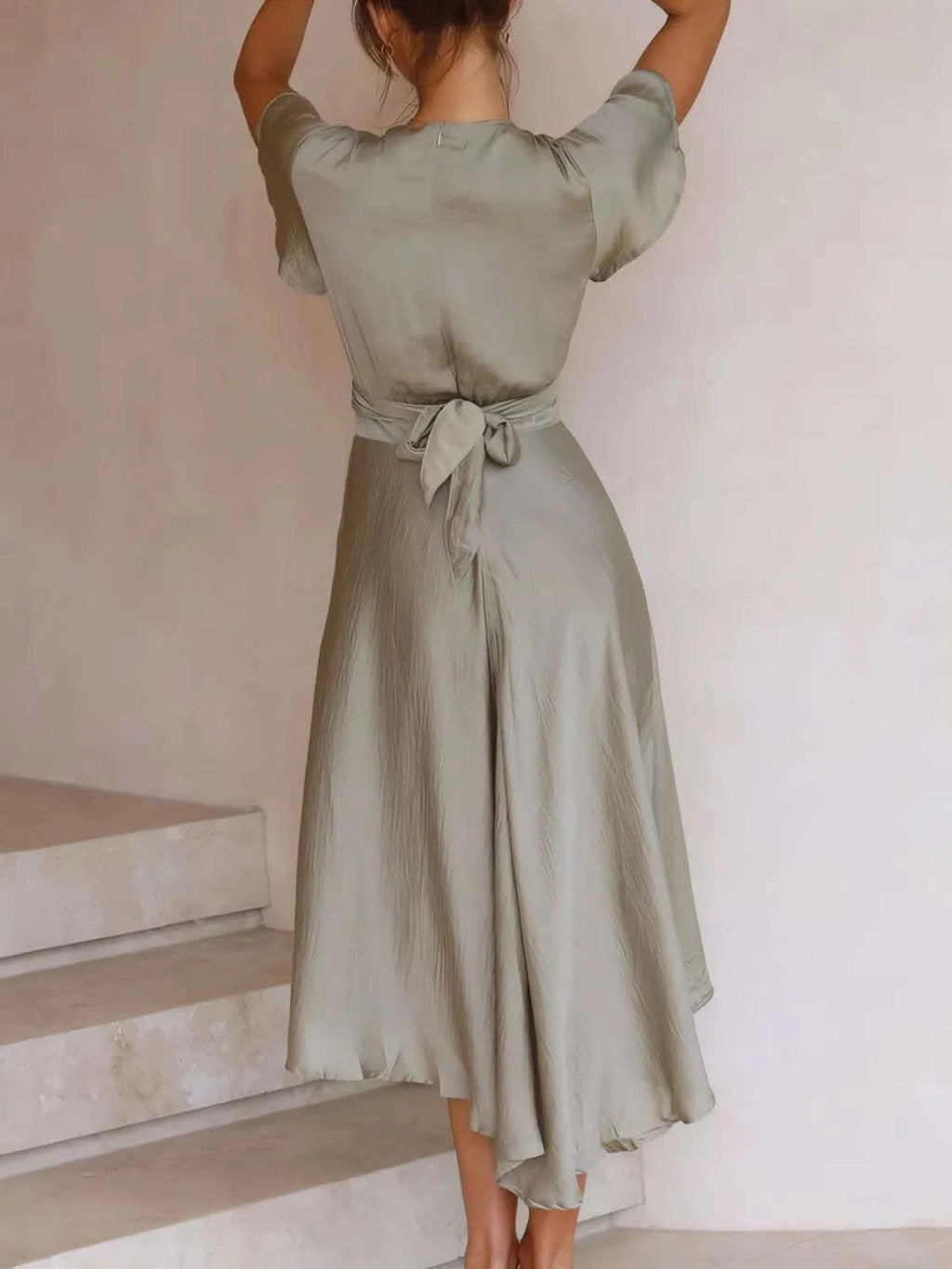 High-Low Plunge Flutter Sleeve Dress - SwagglyLife Home & Fashion