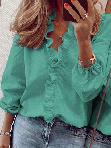 Andrea Full Size Ruffled V-Neck Long Sleeve Blouse - SwagglyLife Home & Fashion Andrea Full Size Ruffled V-Neck Long Sleeve Blouse - SwagglyLife Home & Fashion