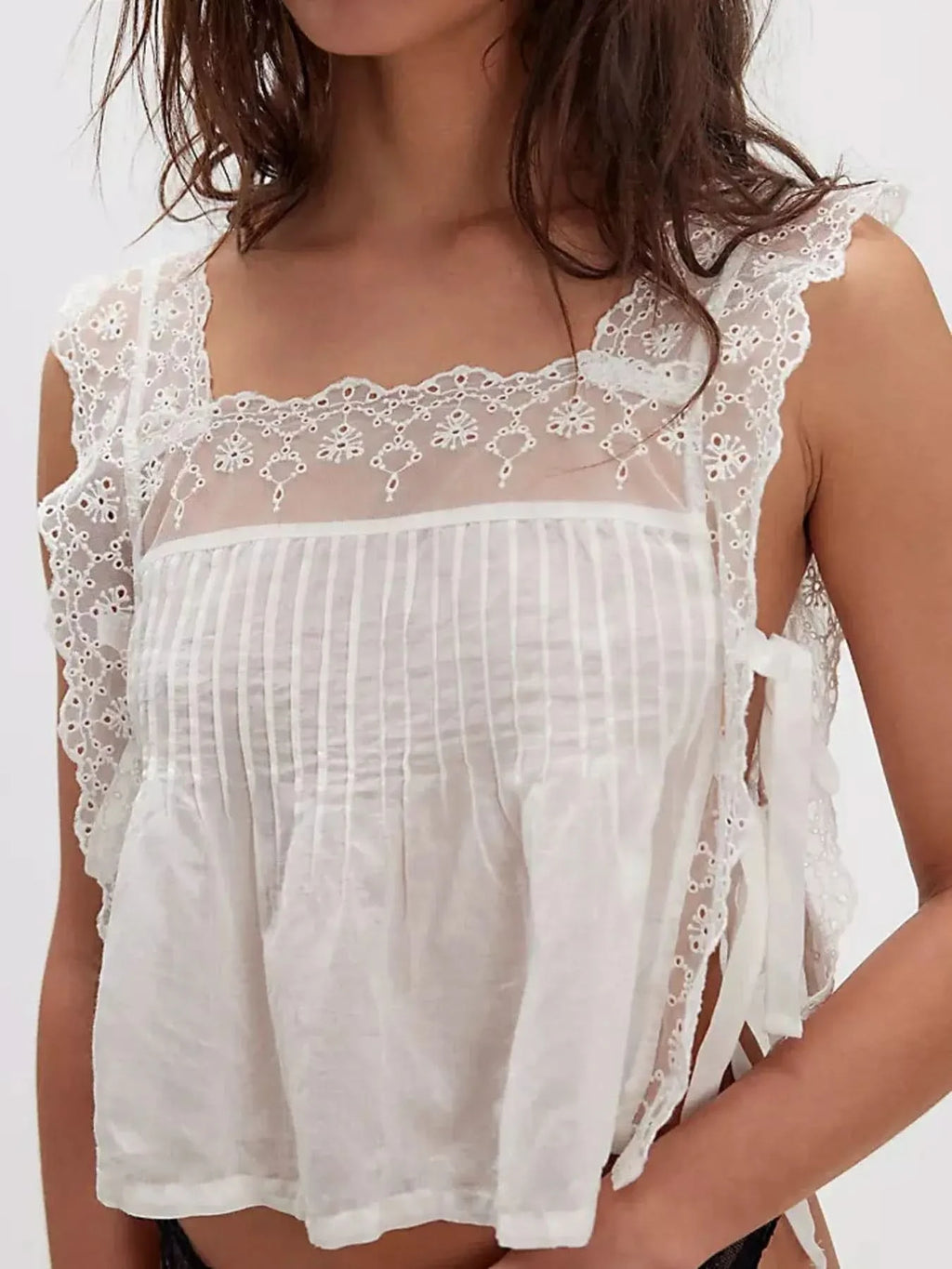 Lace-Trimmed Eyelet Square Neck Top in White - photo