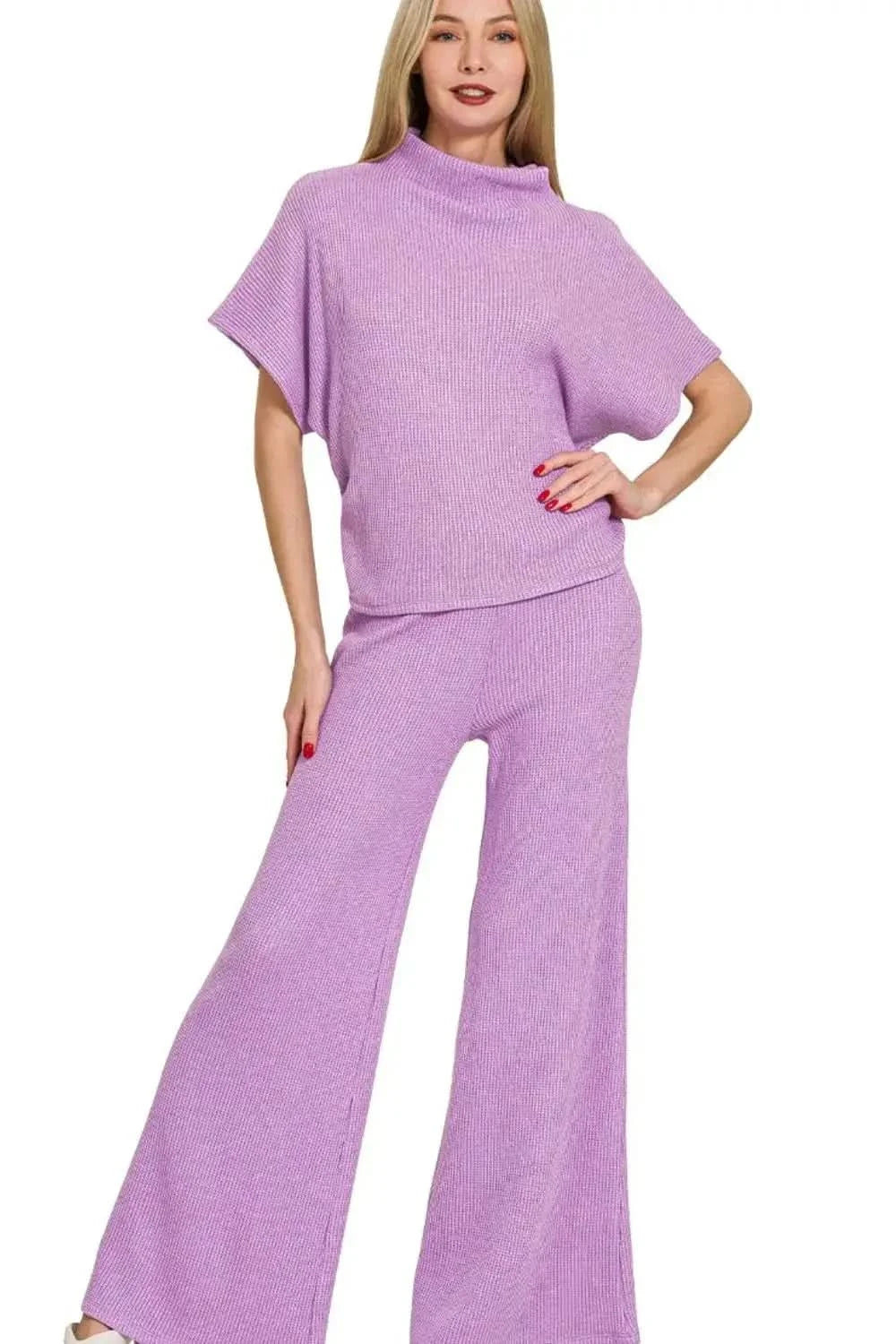 Zenana Sweater Mock Neck Top & Long Pants Set in B LAVENDER - photo