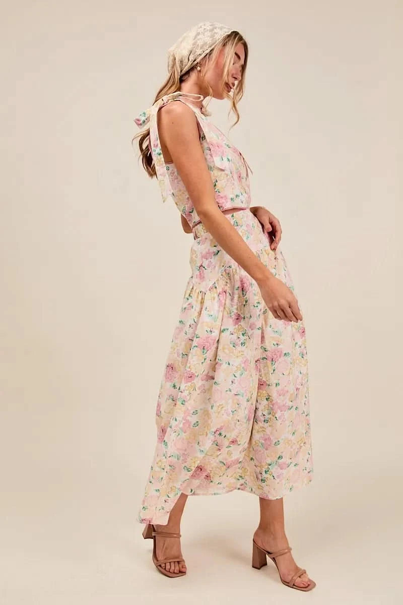 SO ME Floral Printed Woven Shoulder Bow Tie Top and Skirt Set in - photo