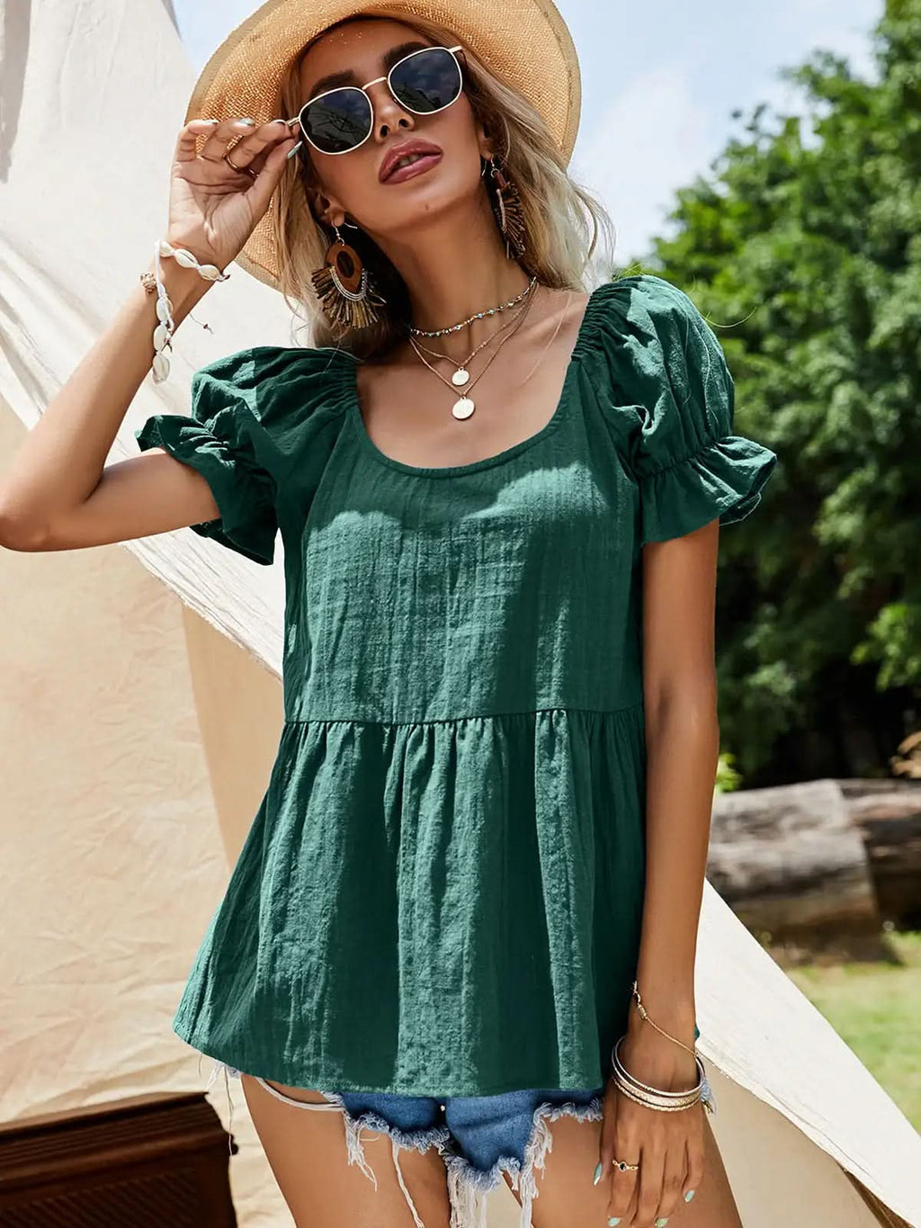 Scoop Neck Flounce Sleeve Blouse in - photo