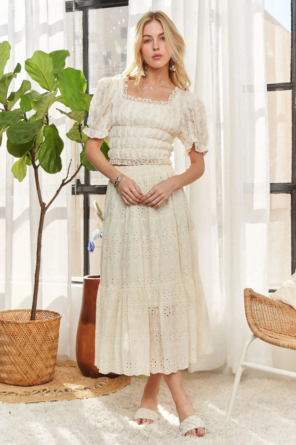 ADORA Lace Smocked Waist Peasant Top - SwagglyLife Home & Fashion