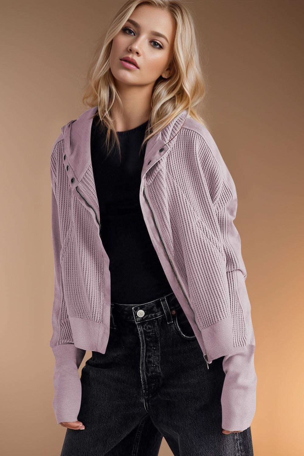 Double Take Waffle-Knit Zip Up Long Sleeve Hooded Jacket in Pink Purple - photo