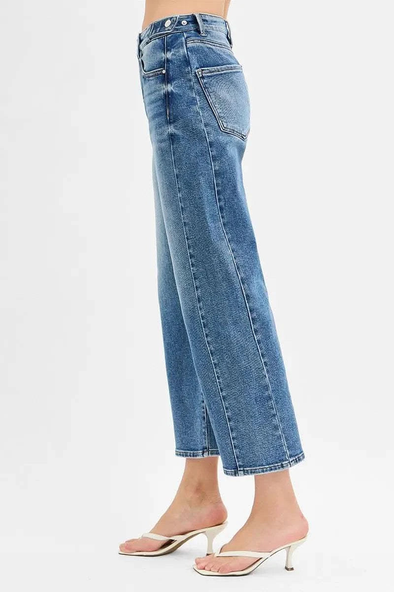 RISEN High Rise Crop Length Barrel Adjustable Waist Band Jeans in - photo