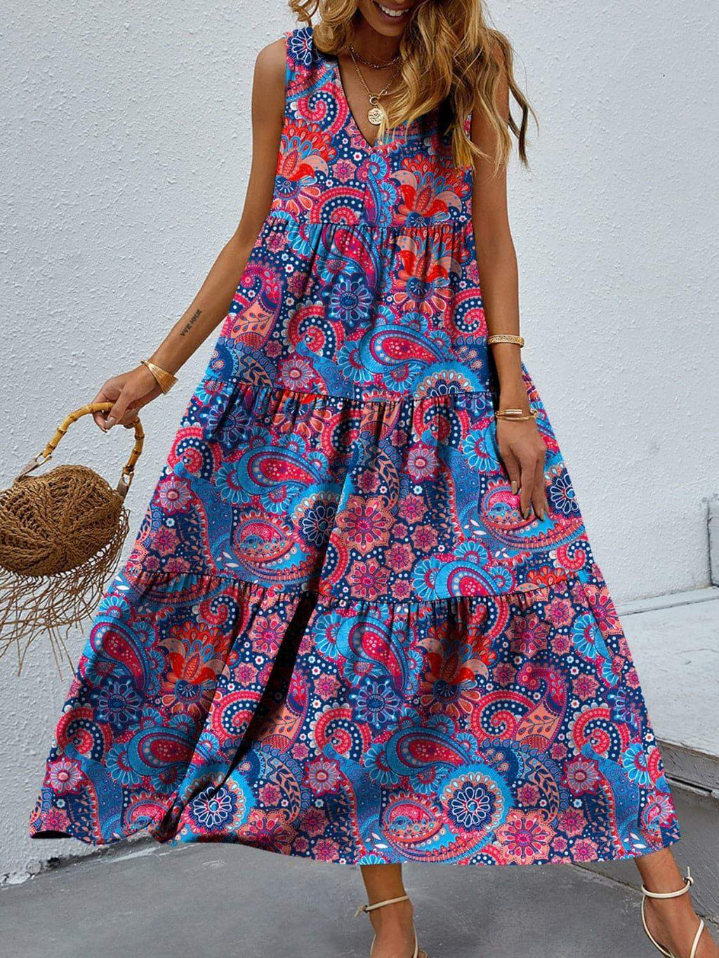 Tiered Printed V-Neck Sleeveless Dress in Multicolor - Dresses photo