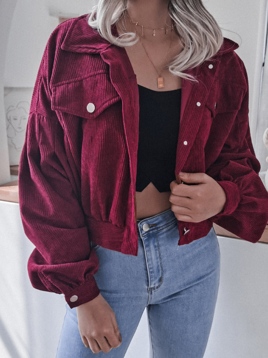 Lantern Sleeve Cropped Corduroy Jacket in Wine - photo