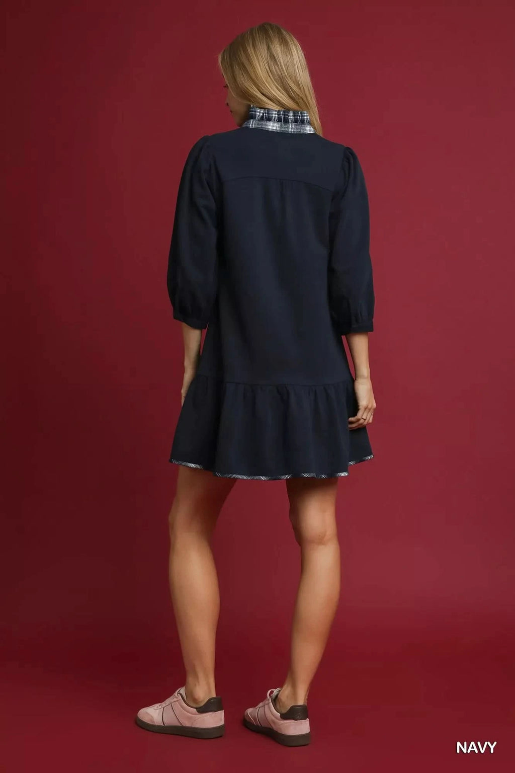Umgee French Terry Ruffle Hem Dress with Plaid Trim in - photo