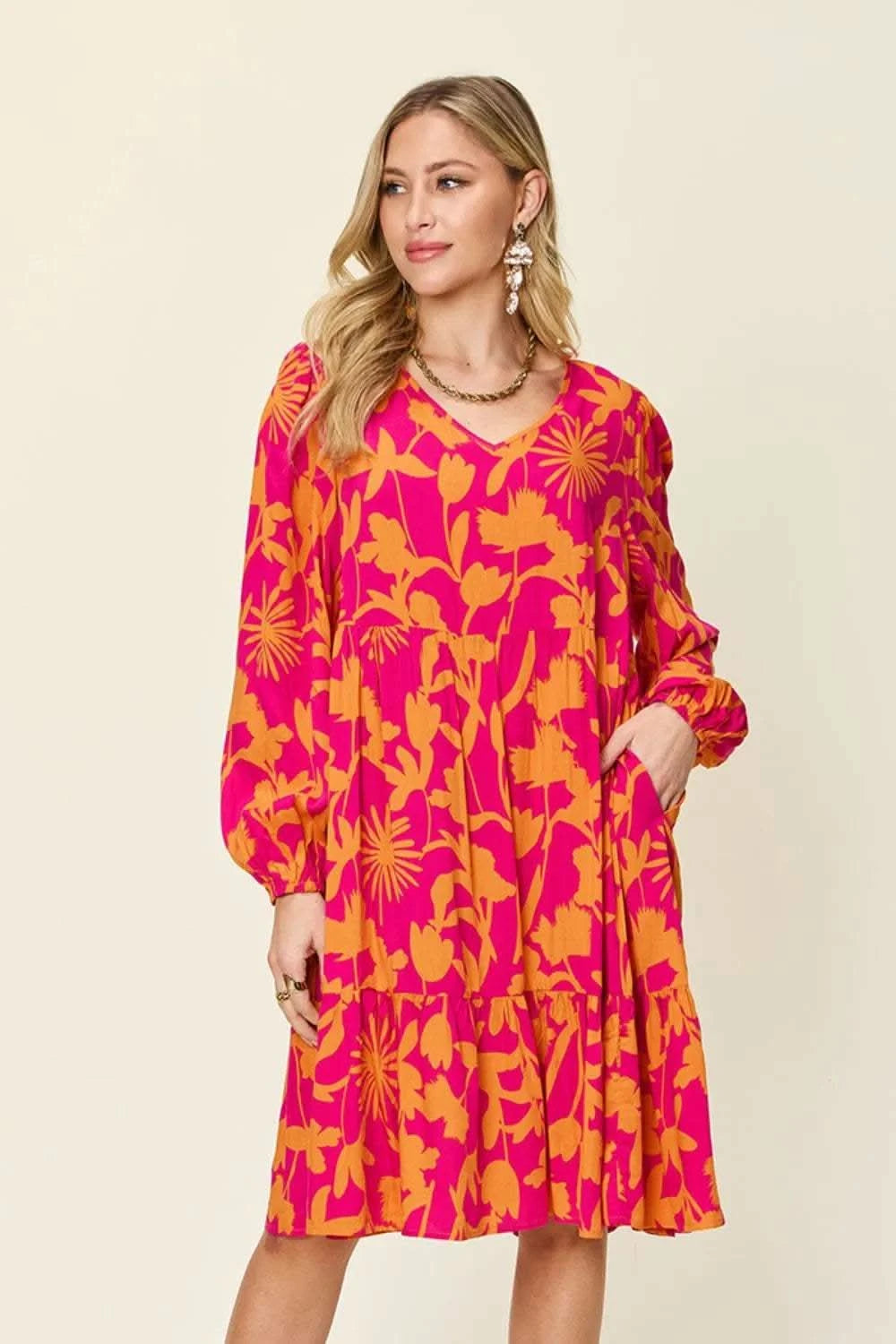 Double Take Full Size Printed Ruffle Hem Dress with Pocket in Hot Pink - photo