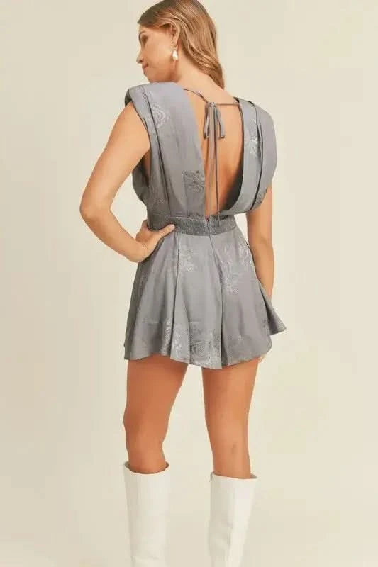 MABLE Draped Romper with Pleated Shoulder Pad Detail - SwagglyLife Home & Fashion