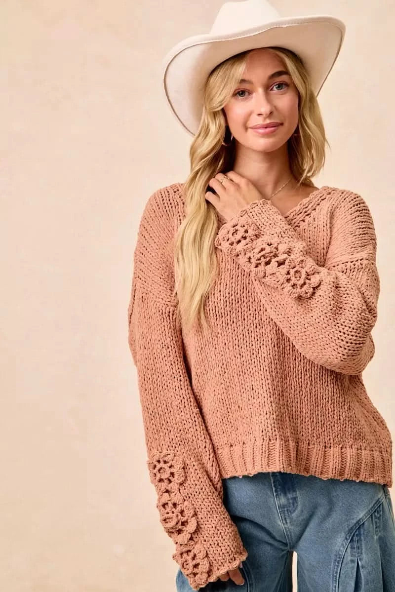 BiBi Chunky Knit Sweater with Flower Detail Sleeves in - photo